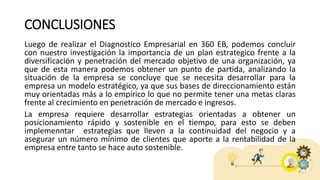 CONCLUSIONES
Luego de realizar el Diagnostico Empresarial en 360 EB, podemos concluir
con nuestro investigación la importancia de un plan estrategico frente a la
diversificación y penetración del mercado objetivo de una organización, ya
que de esta manera podemos obtener un punto de partida, analizando la
situación de la empresa se concluye que se necesita desarrollar para la
empresa un modelo estratégico, ya que sus bases de direccionamiento están
muy orientadas más a lo empírico lo que no permite tener una metas claras
frente al crecimiento en penetración de mercado e ingresos.
La empresa requiere desarrollar estrategias orientadas a obtener un
posicionamiento rápido y sostenible en el tiempo, para esto se deben
implemenntar estrategias que lleven a la continuidad del negocio y a
asegurar un número mínimo de clientes que aporte a la rentabilidad de la
empresa entre tanto se hace auto sostenible.
 