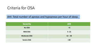 Criteria for OSA
Severity AHI
No OSA <5
Mild OSA 5- 15
Moderate OSA 15 – 30
Severe OSA >30
AHI: Total number of apneas and hypopneas per hour of sleep.
 
