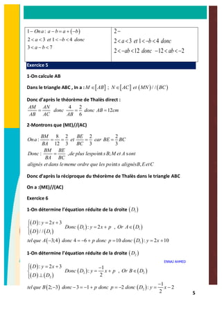 5
( )1 :
2 3 1 4
3 7
Ona a b a b
a et b donc
a b
- - = + -
< < < - <
< - <
2
2 3 1 4
2 12 12 2
a et b donc
ab donc ab
-
< < < - <
< - < - < < -
Exercice 5
1-On calcule AB
Dans le triangle ABC , In a : [ ] [ ] ( ) ( ); / /M AB N AC et MN BCÎ Î
Donc d’après le théorème de Thalès direct :
4 2
12
6
AM AN
donc donc AB cm
AB AC AB
= = =
2-Montrons que (ME)//(AC)
8 2 2 2
:
12 3 3 3
: , int ; s
int ,
BM BE
Ona et car BE BC
BA BC
BM BE
Donc de plus lespo sB M et A ont
BA BC
alignés et dans lememe ordre que les po s alignésB EetC
= = = =
=
Donc d’après la réciproque du théorème de Thalès dans le triangle ABC
On a :(ME)//(AC)
Exercice 6
1-On détermine l’équation réduite de la droite ( )1D
( )
( ) ( )
( ) ( )
( ) ( )
1 1
1
1
: 2 3
: 2 ,
/ /
3;4 4 6 10 : 2 10
D y x
Donc D y x p Or A D
D D
tel que A donc p donc p donc D y x
= +ìï
= + Îí
ïî
- = - + = = +
1-On détermine l’équation réduite de la droite ( )2D
( )
( ) ( )
( ) ( )
( ) ( )
2 2
2
2
: 2 3 1
: ,
2
1
2; 3 3 1 2 : 2
2
D y x
Donc D y x p Or B D
D D
tel que B donc p donc p donc D y x
= +ì -ï
= + Îí
^ïî
-
- - = - + = - = -
ENNAJ AHMED
 