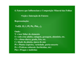 4. Fatores que Influenciam a Composição Mineral das Folhas
•Ação e Interação de Fatores
Representação:
Y=f(S, Cl, I, Pl, Pc, Pm,...),
Onde:
Y = teor foliar do elemento
S = solo e/ou adubo, calagem, gessagem, alumínio, etc.
Cl = clima-chuva, geada, frio, etc.
I = Idade da planta, época do ano
Pl = Planta (espécies, variedade, porta-enxerto
Pc = Práticas culturais (herbicidas, etc)
Pm = Pragas e moléstias
 