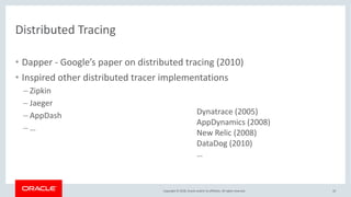 Copyright © 2018, Oracle and/or its affiliates. All rights reserved.
Distributed Tracing
• Dapper - Google’s paper on distributed tracing (2010)
• Inspired other distributed tracer implementations
– Zipkin
– Jaeger
– AppDash
– …
10
Dynatrace (2005)
AppDynamics (2008)
New Relic (2008)
DataDog (2010)
…
 