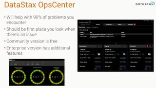 DataStax OpsCenter
• Will help with 90% of problems you
encounter
• Should be first place you look when
there's an issue
• Community version is free
• Enterprise version has additional
features
 