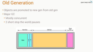 Old Generation
• Objects are promoted to new gen from old gen
• Major GC
• Mostly concurrent
• 2 short stop the world pauses
 