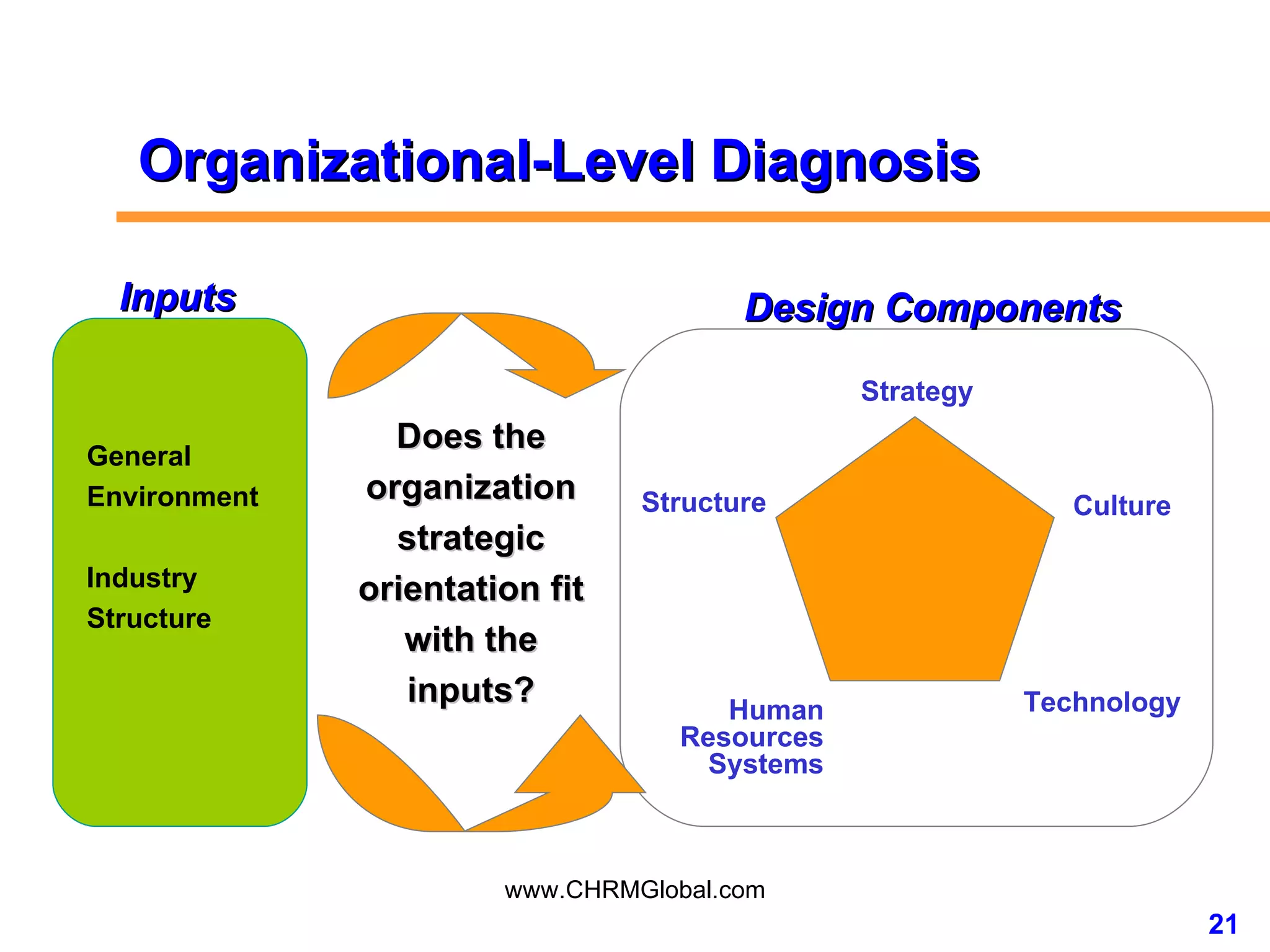 Organizational-Level Diagnosis Culture Technology Human Resources Systems Structure Strategy General Environment Industry Structure Inputs Design Components Does the organization strategic orientation fit with the inputs? 