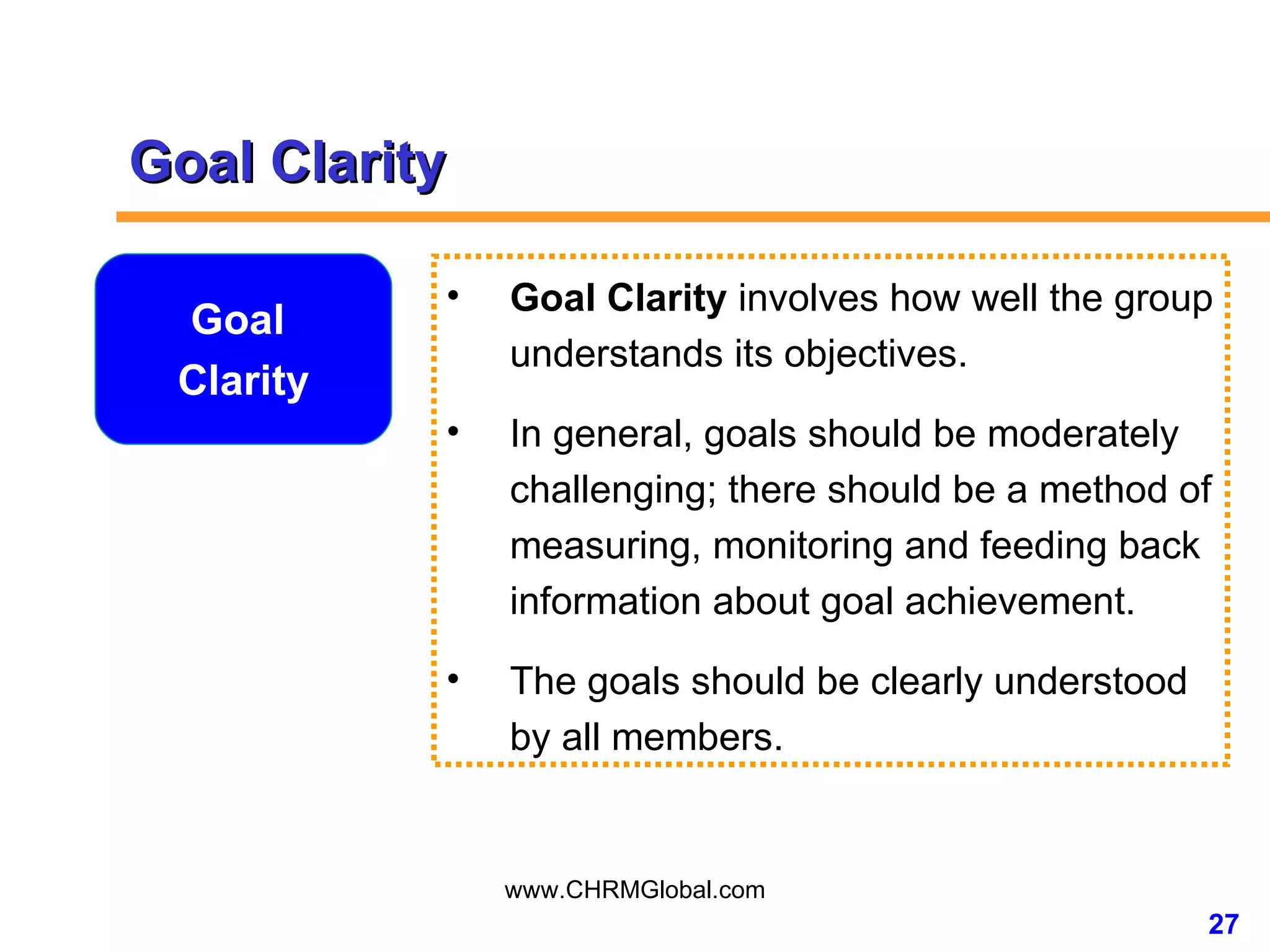 Goal Clarity  involves how well the group understands its objectives.  In general, goals should be moderately challenging; there should be a method of measuring, monitoring and feeding back information about goal achievement. The goals should be clearly understood by all members. Goal Clarity Goal  Clarity 
