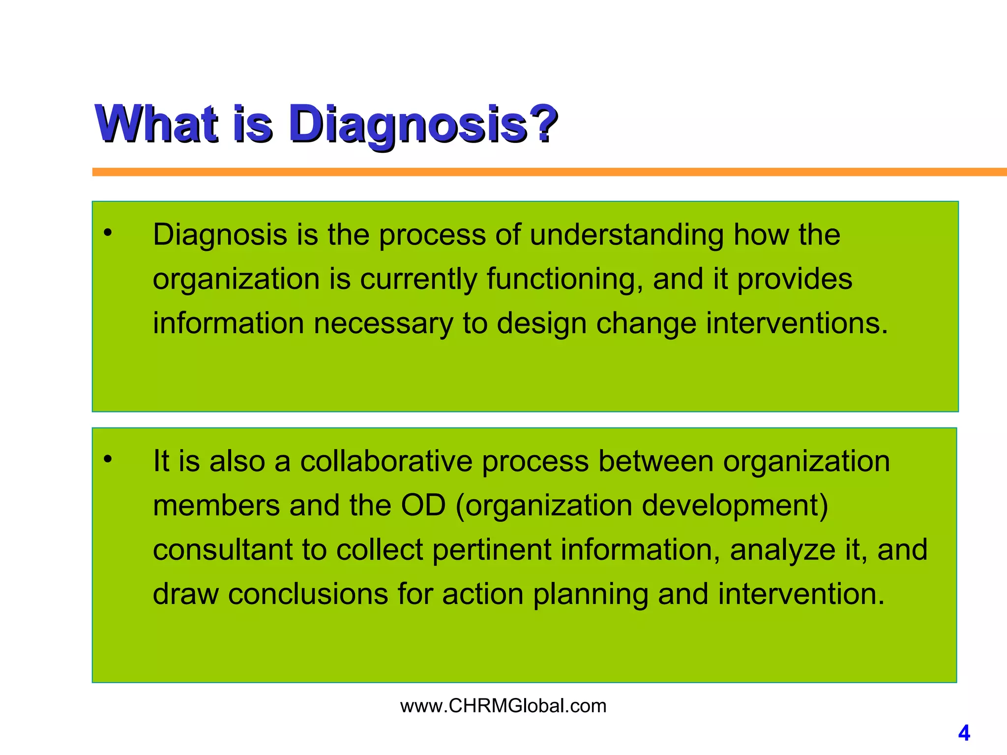 What is Diagnosis? Diagnosis is the process of understanding how the organization is currently functioning, and it provides information necessary to design change interventions. It is also a collaborative process between organization members and the OD (organization development) consultant to collect pertinent information, analyze it, and draw conclusions for action planning and intervention. 