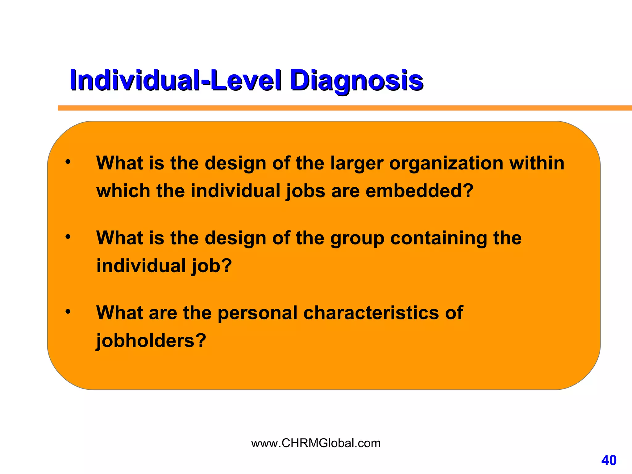 Individual-Level Diagnosis What is the design of the larger organization within which the individual jobs are embedded? What is the design of the group containing the individual job? What are the personal characteristics of jobholders? 