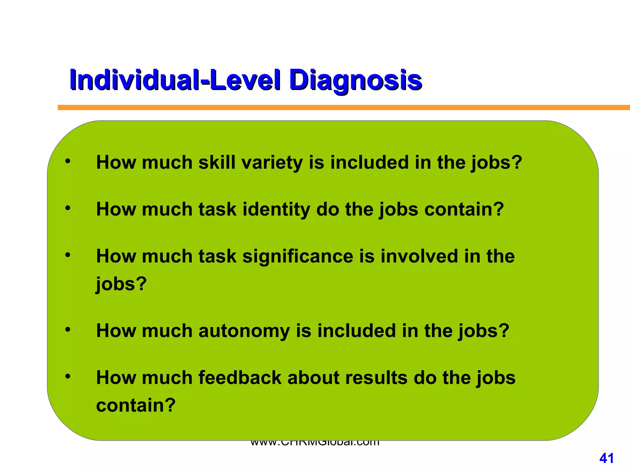 Individual-Level Diagnosis How much skill variety is included in the jobs? How much task identity do the jobs contain? How much task significance is involved in the jobs? How much autonomy is included in the jobs? How much feedback about results do the jobs contain? 