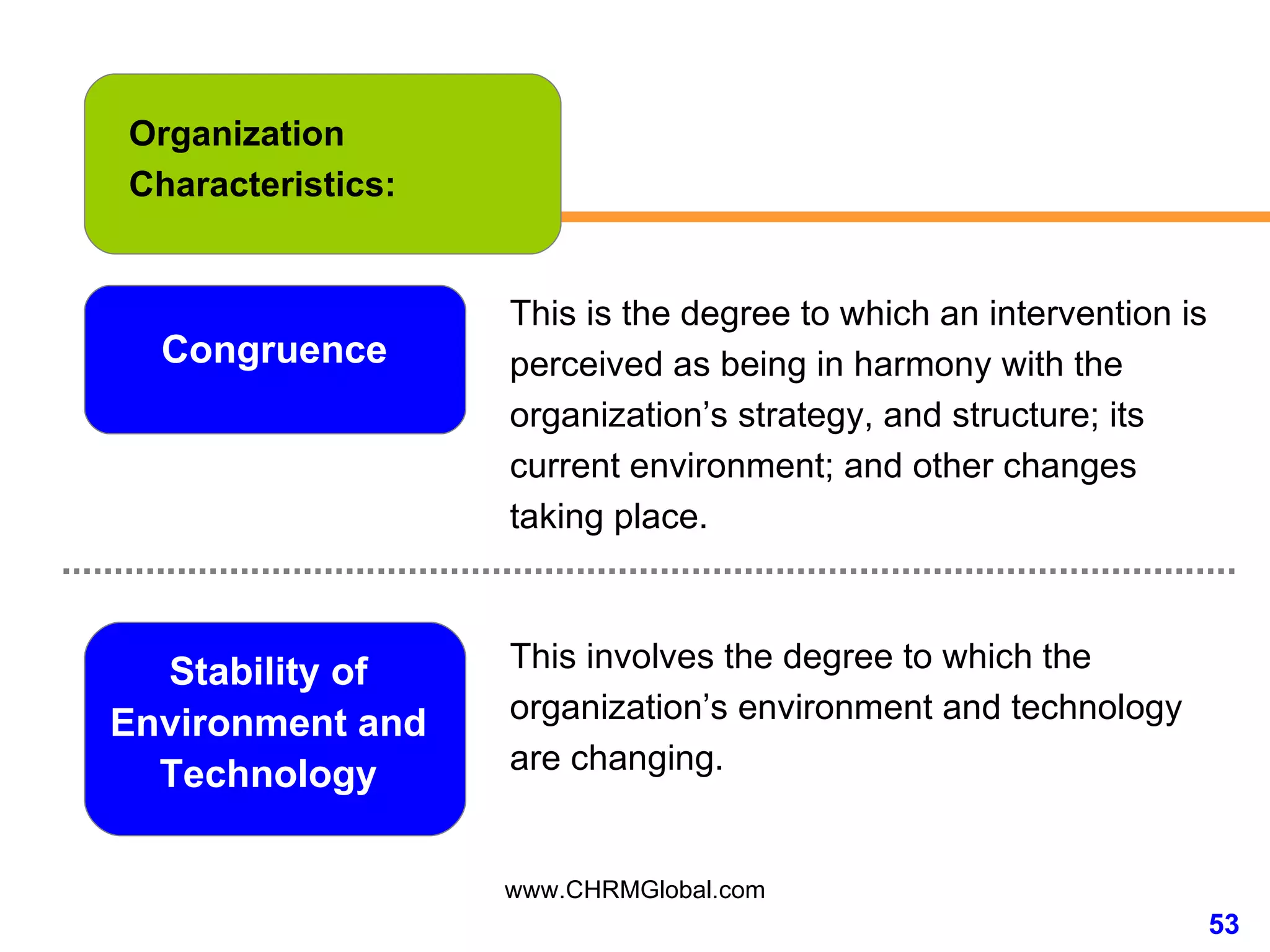 Organization Characteristics: Congruence This is the degree to which an intervention is perceived as being in harmony with the organization’s strategy, and structure; its current environment; and other changes taking place. Stability of Environment and Technology This involves the degree to which the organization’s environment and technology are changing.  