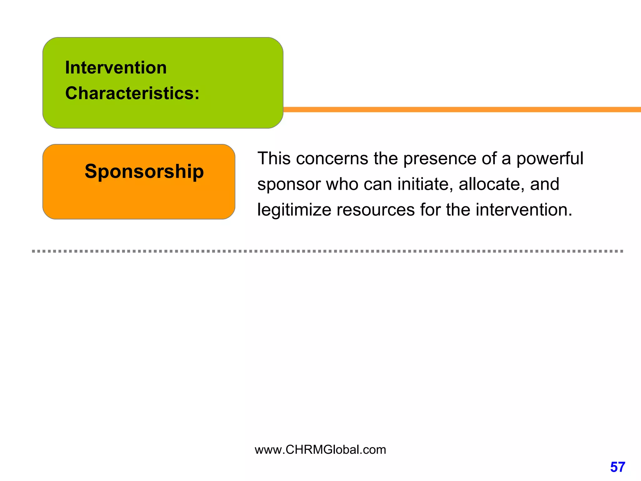 Intervention Characteristics: Sponsorship This concerns the presence of a powerful sponsor who can initiate, allocate, and legitimize resources for the intervention.  