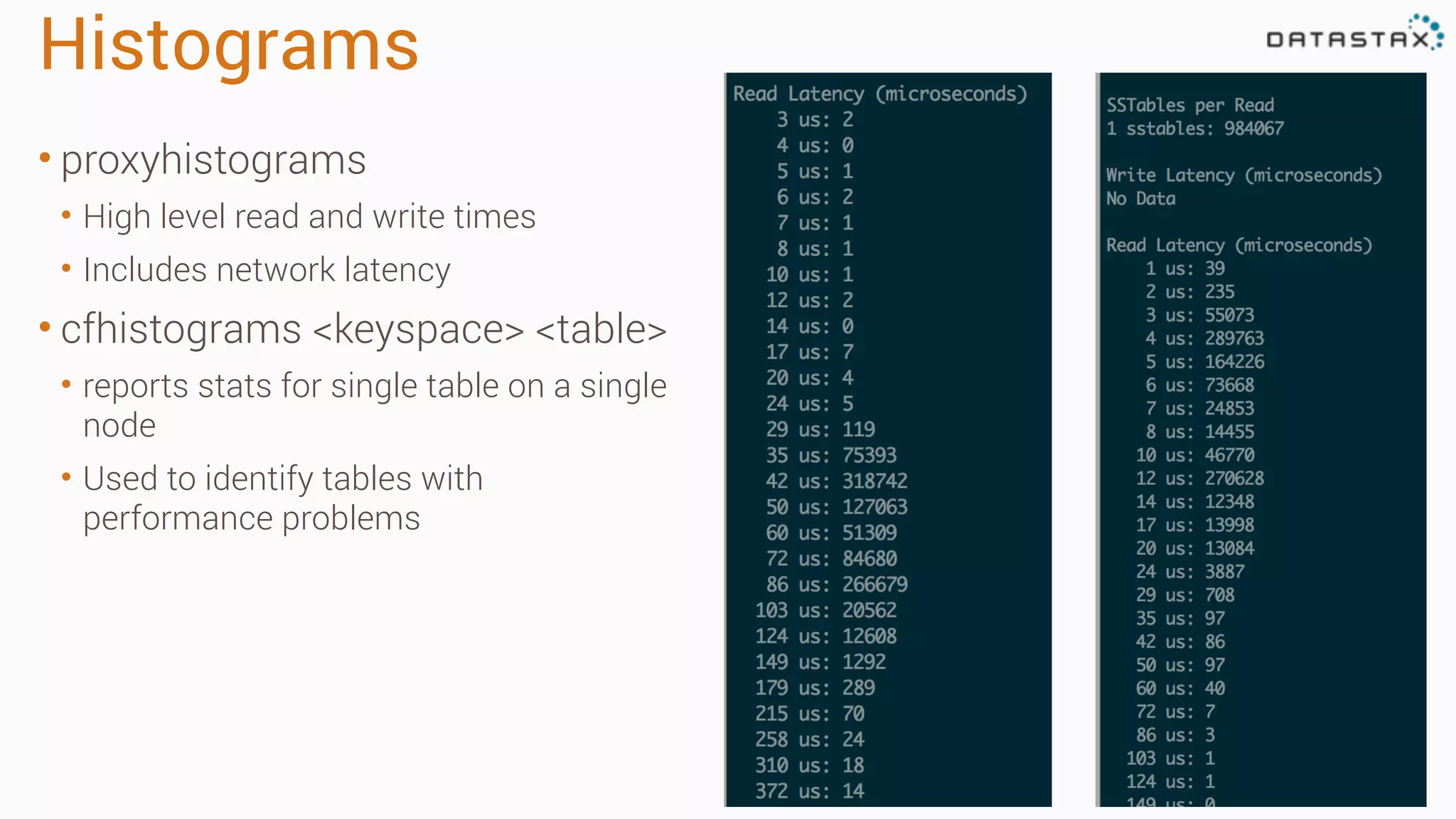 Histograms
• proxyhistograms
• High level read and write times
• Includes network latency
• cfhistograms <keyspace> <table>
• reports stats for single table on a single
node
• Used to identify tables with
performance problems
 