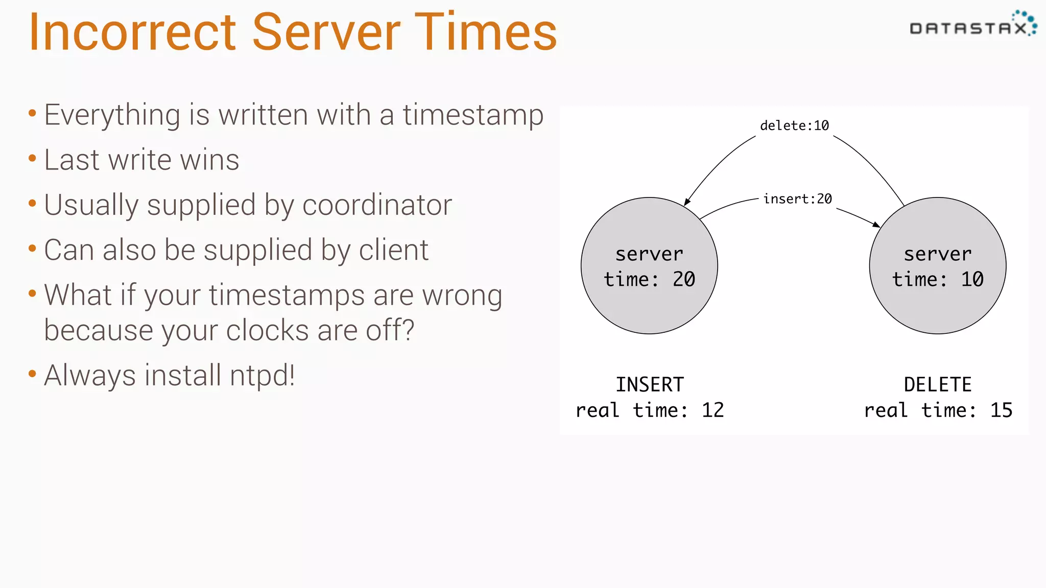 Incorrect Server Times
• Everything is written with a timestamp
• Last write wins
• Usually supplied by coordinator
• Can also be supplied by client
• What if your timestamps are wrong
because your clocks are off?
• Always install ntpd!
server
time: 10
server
time: 20
INSERT
real time: 12
DELETE
real time: 15
insert:20
delete:10
 