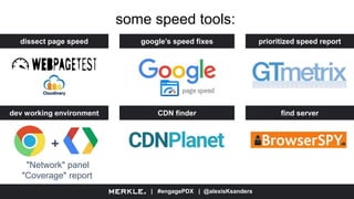 | #engagePDX | @alexisKsanders
some speed tools:
dissect page speed google’s speed fixes prioritized speed report
+
"Network" panel
"Coverage" report
dev working environment CDN finder find server
 