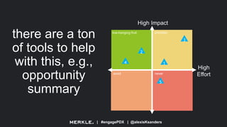 | #engagePDX | @alexisKsanders
there are a ton
of tools to help
with this, e.g.,
opportunity
summary
High Impact
High
Effortneveravoid
prioritizelow-hanging fruit
1
2
3
4
5
 