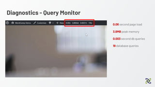 Diagnostics - Query Monitor
0.06 second page load
3.8MB peak memory
0.003 second db queries
19 database queries
 