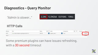 Diagnostics - Query Monitor
“Admin is slower..”
Some premium plugins can have issues refreshing,
with a 30 second timeout
HTTP Calls
 