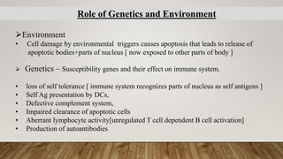 Role of Genetics and Environment
➢Environment
• Cell damage by environmental triggers causes apoptosis that leads to release of
apoptotic bodies+parts of nucleus [ now exposed to other parts of body ]
➢ Genetics – Susceptibility genes and their effect on immune system.
• loss of self tolerance [ immune system recognizes parts of nucleus as self antigens ]
• Self Ag presentation by DCs,
• Defective complement system,
• Impaired clearance of apoptotic cells
• Aberrant lymphocyte activity[unregulated T cell dependent B cell activation]
• Production of autoantibodies
 