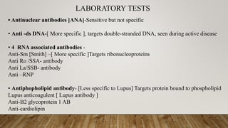 LABORATORY TESTS
• Antinuclear antibodies [ANA]-Sensitive but not specific
• Anti -ds DNA-[ More specific ], targets double-stranded DNA, seen during active disease
• 4 RNA associated antibodies -
Anti-Sm [Smith] –[ More specific ]Targets ribonucleoproteins
Anti Ro /SSA- antibody
Anti La/SSB- antibody
Anti –RNP
• Antiphopholipid antibody- [Less specific to Lupus] Targets protein bound to phospholipid
Lupus anticoagulent [ Lupus antibody ]
Anti-B2 glycoprotein 1 AB
Anti-cardiolipin
 