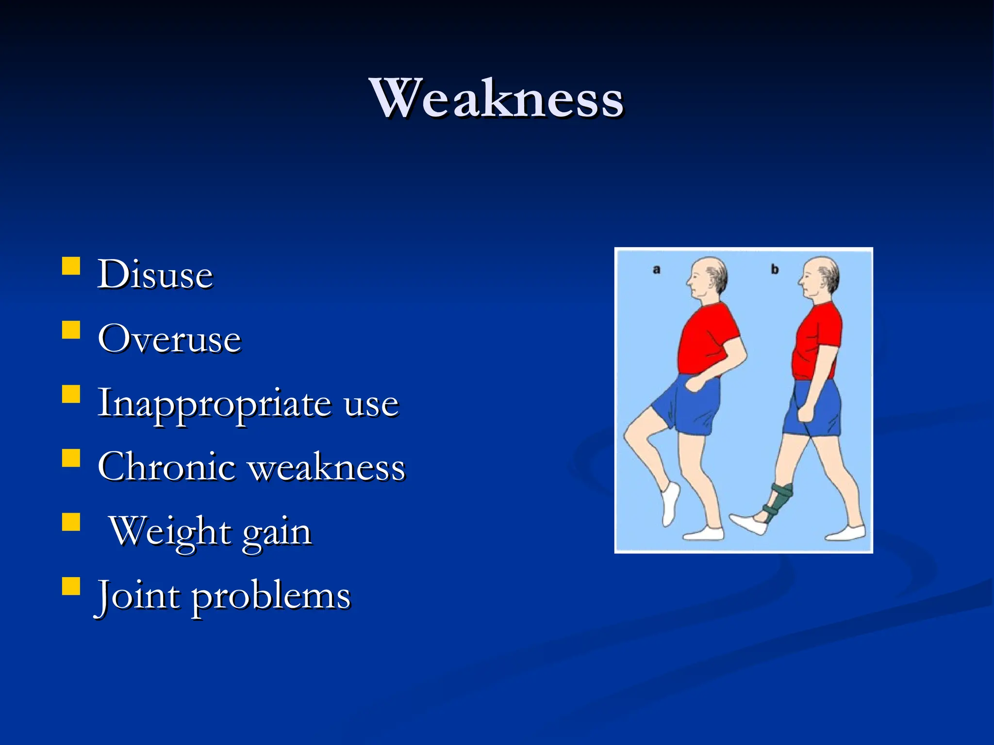Weakness
Weakness
 Disuse
Disuse
 Overuse
Overuse
 Inappropriate use
Inappropriate use
 Chronic weakness
Chronic weakness
 Weight gain
Weight gain
 Joint problems
Joint problems
 