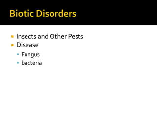   Insects and Other Pests
   Disease
     Fungus
     bacteria
 