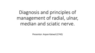 Diagnosis and principles of
management of radial, ulnar,
median and sciatic nerve.
Presentor: Arpan Katwal (1742)
 