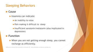 Sleeping Behaviors
 Cause
 Insomnia can indicate:
An inability to relax
Pain making it difficult to sleep
Insufficient serotonin/melatonin (also implicated in
depression)
 Function
 When you are not getting enough sleep, you cannot
recharge as efficiently.
AllCEUs.com Unlimited CEUs and Specialty Certifications $59 General Worksheets and Resources DocSnipes.com
 