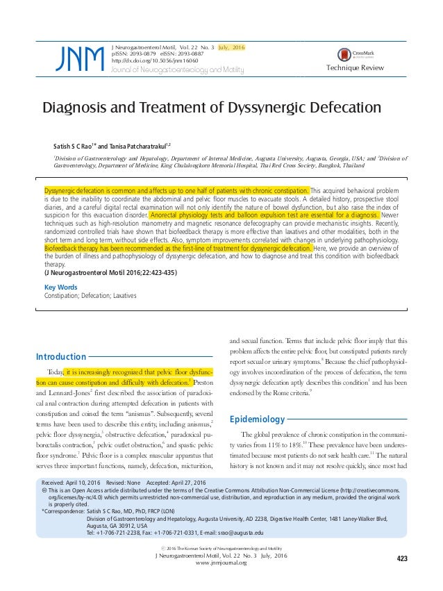Diagnosis And Treatment Of Dyssynergic Defecation Rao