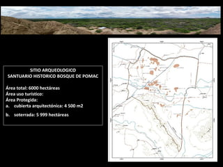 SITIO ARQUEOLOGICO SANTUARIO HISTORICO BOSQUE DE POMAC Área total: 6000 hectáreas Área uso turístico: Área Protegida: 
a.cubierta arquitectónica: 4 500 m2 
b.soterrada: 5 999 hectáreas  
