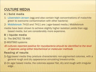 A ) Solid media 1-  Löwenstein-Jensen  (egg and also contain high concentrations of malachite green to overcome contamination with other bacteria) 2-   Middlebrook  7H10 and 7H11 are ( agar-based media.) Middlebrook media have been shown to achieve slightly higher isolation yields than egg-based media, but are considerably more expensive. B ) liquide media 1-  The BACTEC TB-460 2- MGIT960 systems All cultures reported positive for mycobacteria should be identified to the level of species using either biochemical or molecular methods Reading of results  1- Egg-based media they produce characteristic non-pigmented colonies, with a general rough and dry appearance simulating breadcrumbs 2- On agar based media, the colonies appear flat, dry and rough with irregular  edge . 