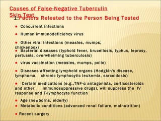 Causes of False-Negative Tuberculin Skin Test   1: Factors Releated to the Person Being Tested ●  Concurrent infections    ●  Human immunodeficiency virus ●   Other viral infections (measles, mumps, chickenpox) ●  Bacterial diseases (typhoid fever, brucellosis, typhus, leprosy, pertussis, overwheiming tuberculosis) ●   virus vaccination (measles, mumps, polio) ●   Diseases affecting lymphoid organs (Hodgkin's disease, lymphoma,  chronic lymphocytic leukemia, sarcoidosis) ●   Age (newborns, elderly) ●  Metabolic conditions (advanced renal failure, malnutrition) ●   Recent surgery ●   Certain medications (e.g.,TNF- α  antagonists, corticosteroids  and other  immunosuppressive drugs), will suppress the  IV response and T-lymphocyte function 