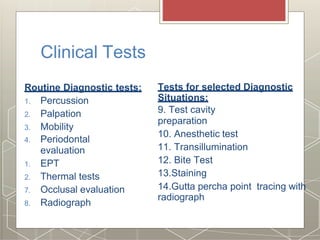 Clinical Tests
Routine Diagnostic tests:
1. Percussion
2. Palpation
3. Mobility
4. Periodontal
evaluation
1. EPT
2. Thermal tests
7. Occlusal evaluation
8. Radiograph
Tests for selected Diagnostic
Situations:
9. Test cavity
preparation
10. Anesthetic test
11. Transillumination
12. Bite Test
13.Staining
14.Gutta percha point tracing with
radiograph
 