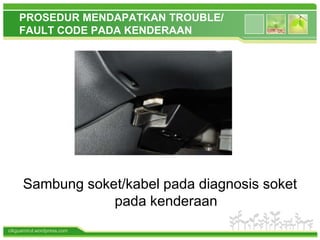 cikguamirul.wordpress.com
PROSEDUR MENDAPATKAN TROUBLE/
FAULT CODE PADA KENDERAAN
Sambung soket/kabel pada diagnosis soket
pada kenderaan
 