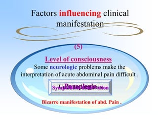 Factors influencing clinical
manifestation
(6)
Drugs
Many drugs influence both the character ,
perception & the course and...