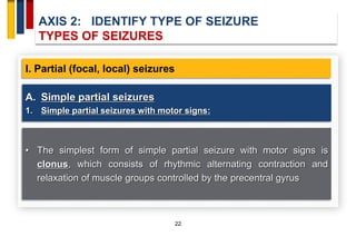 AXIS 2: IDENTIFY TYPE OF SEIZURE
TYPES OF SEIZURES
22
I. Partial (focal, local) seizures
• The simplest form of simple par...