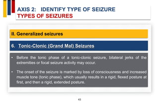 AXIS 2: IDENTIFY TYPE OF SEIZURE
TYPES OF SEIZURES
43
II. Generalized seizures
• Before the tonic phase of a tonic-clonic ...