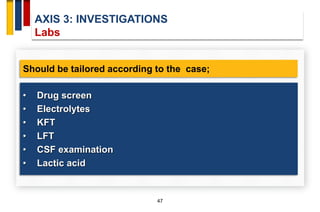 AXIS 3: INVESTIGATIONS
Labs
47
Should be tailored according to the case;
• Drug screen
• Electrolytes
• KFT
• LFT
• CSF ex...