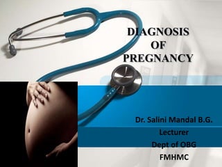 DIAGNOSIS
OF
PREGNANCY
Dr. Salini Mandal B.G.
Lecturer
Dept of OBG
FMHMC
 