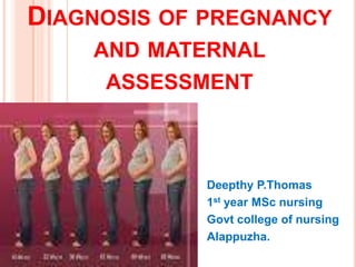 DIAGNOSIS OF PREGNANCY
AND MATERNAL
ASSESSMENT
Deepthy P.Thomas
1st year MSc nursing
Govt college of nursing
Alappuzha.
 