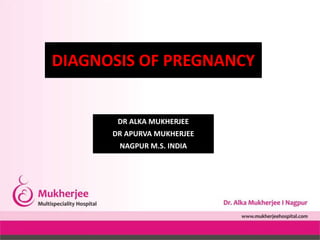 DIAGNOSIS OF PREGNANCY
DR ALKA MUKHERJEE
DR APURVA MUKHERJEE
NAGPUR M.S. INDIA
 
