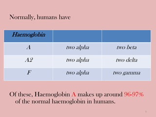Normally, humans have
Of these, Haemoglobin A makes up around 96-97%
of the normal haemoglobin in humans.
Haemoglobin
A two alpha two beta
A2 two alpha two delta
F two alpha two gamma
5
 