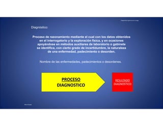 Diagnóstico oportuno en cirugía.
Mtro.Posada
Diagnóstico:
Proceso de razonamiento mediante el cual con los datos obtenidos
en el interrogatorio y la exploración física, y en ocasiones
apoyándose en métodos auxiliares de laboratorio o gabinete
se identifica, con cierto grado de incertidumbre, la naturaleza
de una enfermedad, padecimiento o desorden.
Nombre de las enfermedades, padecimientos o desordenes.
PROCESO
DIAGNOSTICO
RESULTADO
DIAGNOSTICO
 