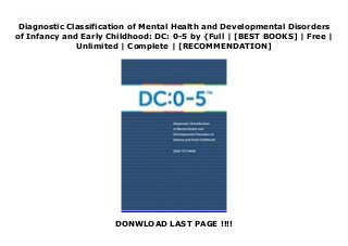 Diagnostic Classification of Mental Health and Developmental Disorders
of Infancy and Early Childhood: DC: 0-5 by {Full | [BEST BOOKS] | Free |
Unlimited | Complete | [RECOMMENDATION]
DONWLOAD LAST PAGE !!!!
Diagnostic Classification of Mental Health and Developmental Disorders of Infancy and Early Childhood: DC: 0-5 Ebook Free DC:05 captures new findings relevant to diagnosis in young children and addresses unresolved issues in the field since DC:03R was published in 2005. DC:05 is designed to help mental health and other professionals: ?? recognize mental health and developmental challenges in infants and young children, through 5 years old ?? understand that relationships and psychosocial stressors contribute to mental health and developmental disorders and incorporate contextual factors into the diagnostic process ?? use diagnostic criteria effectively for classification, case formulation, and intervention and ?? facilitate research on mental health disorders in infants and young children.
 
