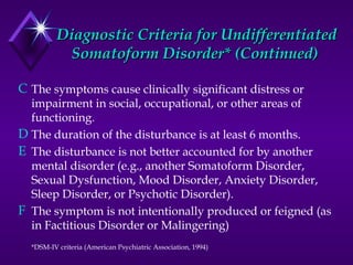 Diagnostic Criteria for UndifferentiatedDiagnostic Criteria for Undifferentiated
Somatoform Disorder* (Continued)Somatoform Disorder* (Continued)
C The symptoms cause clinically significant distress or
impairment in social, occupational, or other areas of
functioning.
D The duration of the disturbance is at least 6 months.
E The disturbance is not better accounted for by another
mental disorder (e.g., another Somatoform Disorder,
Sexual Dysfunction, Mood Disorder, Anxiety Disorder,
Sleep Disorder, or Psychotic Disorder).
F The symptom is not intentionally produced or feigned (as
in Factitious Disorder or Malingering)
*DSM-IV criteria (American Psychiatric Association, 1994)
 