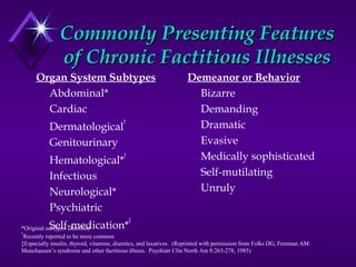 Commonly Presenting FeaturesCommonly Presenting Features
of Chronic Factitious Illnessesof Chronic Factitious Illnesses
Organ System Subtypes
Abdominal*
Cardiac
Dermatological
†
Genitourinary
Hematological*
†
Infectious
Neurological*
Psychiatric
Self-medication*
‡
Demeanor or Behavior
Bizarre
Demanding
Dramatic
Evasive
Medically sophisticated
Self-mutilating
Unruly
*Original subtypes identified
†
Recently reported to be more common
‡Especially insulin, thyroid, vitamins, diuretics, and laxatives. (Reprinted with permission from Folks DG, Freeman AM:
Munchausen’s syndrome and other factitious illness. Psychiatr Clin North Am 8:263-278, 1985)
 