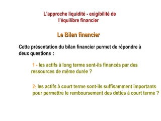 L’approche liquidité - exigibilité de
l’équilibre financier
Le Bilan financierLe Bilan financier
Cette présentation du bilan financier permet de répondre à
deux questions :
1 - les actifs à long terme sont-ils financés par des
ressources de même durée ?
2- les actifs à court terme sont-ils suffisamment importants
pour permettre le remboursement des dettes à court terme ?
 