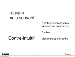 Logique
                   mais souvent
                                         Nombreux composants
                                         Interactions complexes

                                         Caches

                  Contre-intuitif        Mécanismes correctifs




                                    11
jeudi 13 octobre 2011
 