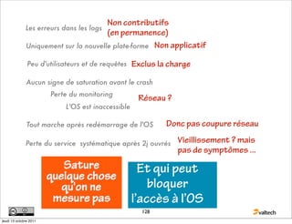 Non contributifs
              Les erreurs dans les logs
                                        (en permanence)
              Uniquement sur la nouvelle plate-forme Non applicatif

               Peu d'utilisateurs et de requêtes    Exclus la charge
               Aucun signe de saturation avant le crash
                        Perte du monitoring
                                                     Réseau ?
                            L'OS est inaccessible

               Tout marche après redémarrage de l'OS         Donc pas coupure réseau

              Perte du service systématique après 2j ouvrés     Vieillissement ? mais
                                                                pas de symptômes ...

                                                      Et qui peut
                                                        bloquer
                                                    l’accès à l’OS
                                                      128
jeudi 13 octobre 2011
 