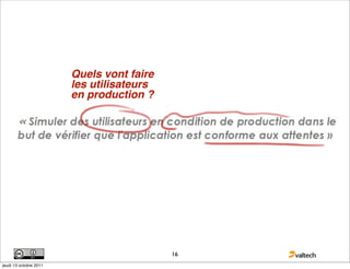 Quels vont faire
                        les utilisateurs
                        en production ?




                                           16
jeudi 13 octobre 2011
 