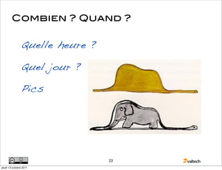 Combien ? Quand ?

                Quelle heure ?

                Quel jour ?

                Pics




                                 23
jeudi 13 octobre 2011
 