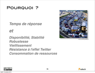 Pourquoi ?



                Temps de réponse
                et
                Disponibilité, Stabilité       GALERIEopWEG

                Robustesse
                Vieillissement
                Résistance à l'effet Twitter
                Consommation de ressources



                                     26
jeudi 13 octobre 2011                                         G
 